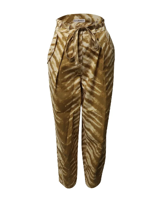 tailored straight leg slim fit straight pants -Ulla Johnson Lars Belted High-Rise Pants in Animal Print Cotton