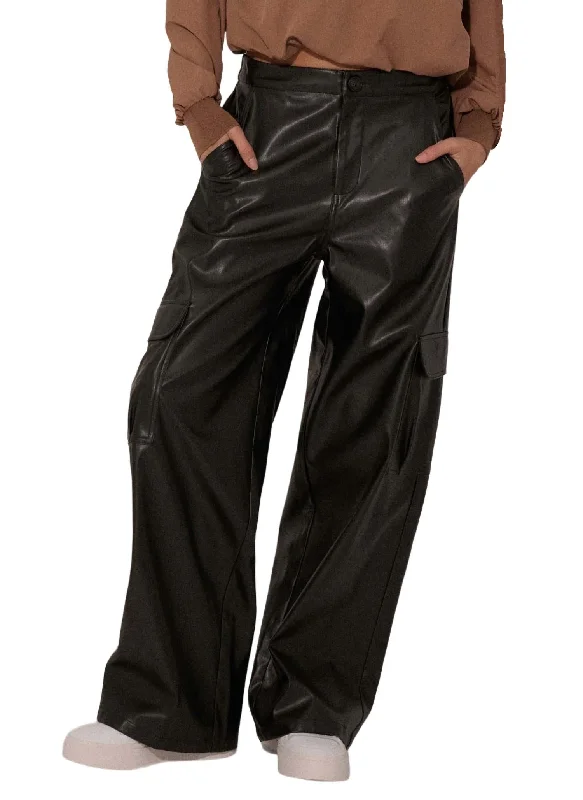 slim cargo straight leg slim pants -Vegan Leather Wide-Leg Cargo Pant In Black