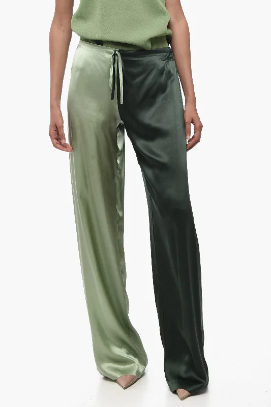 bold floral jogger wide leg pants -WOERA Two Tone Silk Palazzo Pants with Drawstring