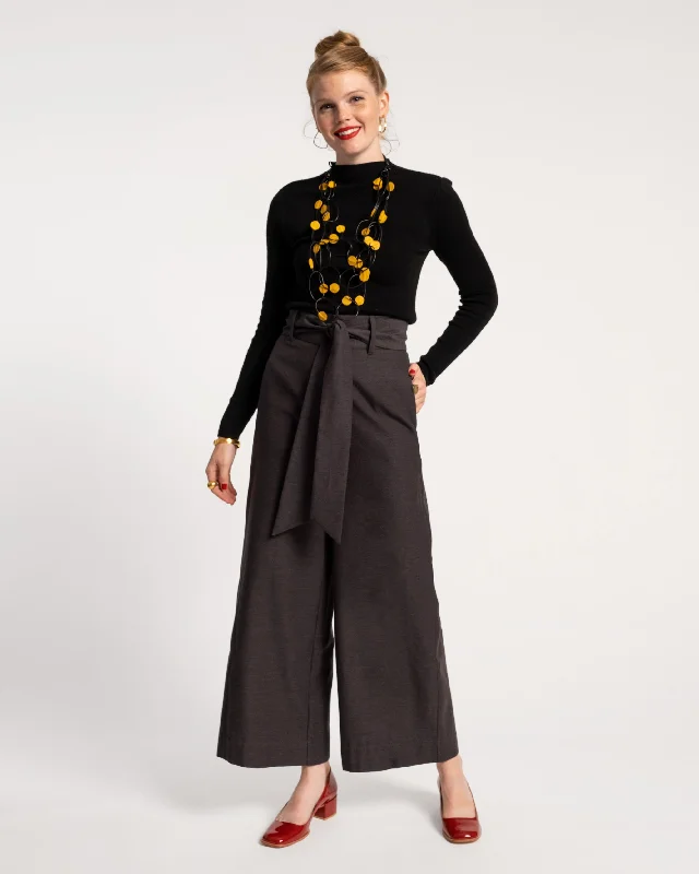 trendy culottes wide leg pants -Zoey Belted Cotton Pant Charcoal