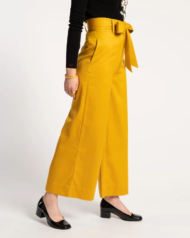 chic paperbag waist wide leg pants -Zoey Belted Cotton Pant Mustard